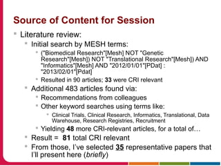 Source of Content for Session
 Literature review:
 Initial search by MESH terms:
 ("Biomedical Research"[Mesh] NOT "Genetic
Research"[Mesh]) NOT "Translational Research"[Mesh]) AND
"Informatics"[Mesh] AND "2012/01/01"[PDat] :
"2013/02/01"[Pdat]
 Resulted in 90 articles; 33 were CRI relevant
 Additional 483 articles found via:
 Recommendations from colleagues
 Other keyword searches using terms like:
 Clinical Trials, Clinical Research, Informatics, Translational, Data
Warehouse, Research Registries, Recruitment
 Yielding 48 more CRI-relevant articles, for a total of…
 Result = 81 total CRI relevant
 From those, I’ve selected 35 representative papers that
I’ll present here (briefly)
 