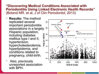 “Discovering Medical Conditions Associated with
Periodontitis Using Linked Electronic Health Records”
(Boland MR. et al, J of Clin Periodontol, 2013)
 Results: The method
replicated several
important periodontitis
associations in a largely
Hispanic population,
including diabetes
mellitus type I and II,
hypertension,
hypercholesterolemia,
hyperlipidemia, and
conditions related to
pregnancy, child-birth.
 Also, previously
unreported association
with BPH.
 