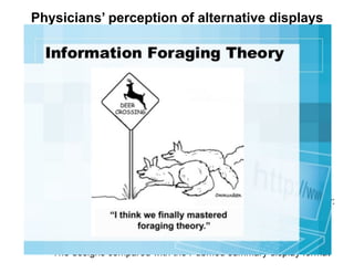 Physicians’ perception of alternative displays
of clinical research evidence for clinical
decision support–A study with case vignettes.
Slager SL, et al. JBI 2017
• OBJECTIVES:
– Design alternate information displays that present summaries
of trial results to clinicians to support decision-making;
– compare the displays according to efficacy and acceptability
– Key to translating evidence into practice
• METHODS:
– A 6-between (information display presentation order) by 3-within
(display type) factorial design.
– Two alternate displays designed on Information Foraging theory:
• Narrative summary that reduces the content to a few sentences; and
• Table format that structures the display according to the PICO
(Population, Intervention, Comparison, Outcome) framework.
– The designs compared with the Pubmed summary display format
 