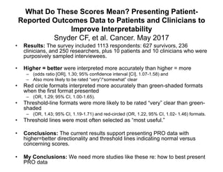 What Do These Scores Mean? Presenting Patient-
Reported Outcomes Data to Patients and Clinicians to
Improve Interpretability
Snyder CF, et al. Cancer. May 2017
• Results: The survey included 1113 respondents: 627 survivors, 236
clinicians, and 250 researchers, plus 10 patients and 10 clinicians who were
purposively sampled interviewees.
• Higher = better were interpreted more accurately than higher = more
– (odds ratio [OR], 1.30; 95% confidence interval [CI], 1.07-1.58) and
– Also more likely to be rated “very”/“somewhat” clear
• Red circle formats interpreted more accurately than green-shaded formats
when the first format presented
– (OR, 1.29; 95% CI, 1.00-1.65).
• Threshold-line formats were more likely to be rated “very” clear than green-
shaded
– (OR, 1.43; 95% CI, 1.19-1.71) and red-circled (OR, 1.22, 95% CI, 1.02- 1.46) formats.
• Threshold lines were most often selected as “most useful.”
• Conclusions: The current results support presenting PRO data with
higher=better directionality and threshold lines indicating normal versus
concerning scores.
• My Conclusions: We need more studies like these re: how to best present
PRO data
 