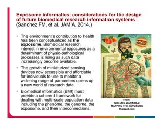 Exposome informatics: considerations for the design
of future biomedical research information systems
(Sanchez FM, et al. JAMIA. 2014.)
§  The environment’s contribution to health
has been conceptualized as the
exposome. Biomedical research
interest in environmental exposures as a
determinant of physio-pathological
processes is rising as such data
increasingly become available.
§  The growth of miniaturized sensing
devices now accessible and affordable
for individuals to use to monitor a
widening range of parameters opens up
a new world of research data.
§  Biomedical informatics (BMI) must
provide a coherent framework for
dealing with multi-scale population data
including the phenome, the genome, the
exposome, and their interconnections.
From:
MICHAEL WARAKSA:
MAPPING THE EXPOSOME
Theispot.com
 
