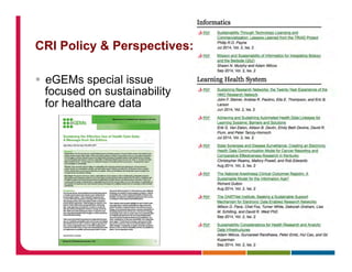 CRI Policy & Perspectives:
§  eGEMs special issue
focused on sustainability
for healthcare data
 