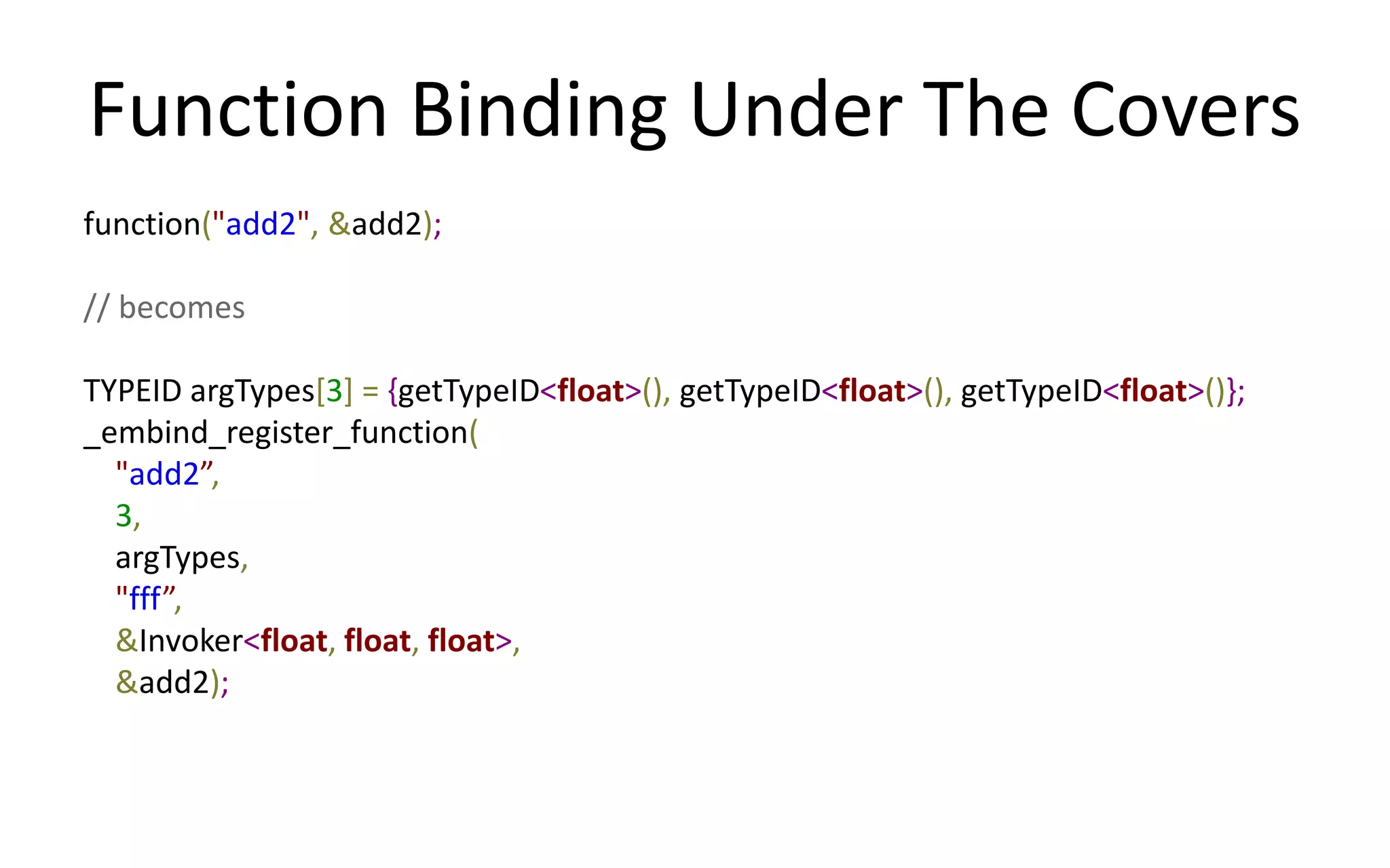 Function Binding Under The Covers 
function("add2", &add2); 
// becomes 
TYPEID argTypes[3] = {getTypeID<float>(), getTypeID<float>(), getTypeID<float>()}; 
_embind_register_function( 
"add2”, 
3, 
argTypes, 
"fff”, 
&Invoker<float, float, float>, 
&add2); 
 