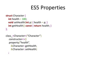 ES5 Properties 
struct Character { 
int health = 100; 
void setHealth(int p) { health = p; } 
int getHealth() const { return health; } 
}; 
class_<Character>(“Character”) 
.constructor<>() 
.property(“health”, 
&Character::getHealth, 
&Character::setHealth) 
; 
 