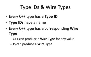 Type IDs & Wire Types 
• Every C++ type has a Type ID 
• Type IDs have a name 
• Every C++ type has a corresponding Wire 
Type 
– C++ can produce a Wire Type for any value 
– JS can produce a Wire Type 
 