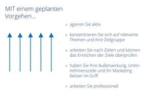 MIT einem geplanten
Vorgehen…
agieren Sie aktiv
konzentrieren Sie sich auf relevante
Themen und Ihre Zielgruppe
arbeiten Sie nach Zielen und können
das Erreichen der Ziele überprüfen
haben Sie Ihre Außenwirkung, Unter-
nehmensziele und Ihr Marketing
besser im Griff
arbeiten Sie professionell
 