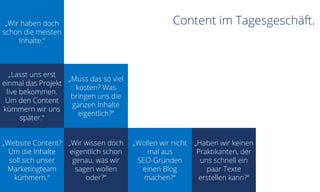 „Wollen wir nicht
mal aus
SEO-Gründen
einen Blog
machen?“
„Haben wir keinen
Praktikanten, der
uns schnell ein
paar Texte
erstellen kann?“
„Muss das so viel
kosten? Was
bringen uns die
ganzen Inhalte
eigentlich?“
„Wir haben doch
schon die meisten
Inhalte.“
„Lasst uns erst
einmal das Projekt
live bekommen.
Um den Content
kümmern wir uns
später.“
„Wir wissen doch
eigentlich schon
genau, was wir
sagen wollen
oder?“
„Website Content?
Um die Inhalte
soll sich unser
Marketingteam
kümmern.“
Content im Tagesgeschäft.
 