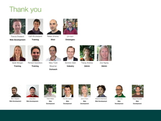Thank you
Sarah Morgan
Training
Dominic Clark
Industry
Mary Todd
Bergman
Outreach
Zoe Higney
Admin
Tracey Andrew
Admin
Richard Grandison
Training
Cath Brooksbank
Training
Rafael Jimenez
Elixir
Jon Ison
Ontologies
Francis Rowland
Web Development
Bren Vaughan
Web Development
Liang Shen
Web Development
Peter Walter
Web
Development
Thomas Laurent
Web
Development
Jenny Cham
Web
Development
Nikiforos Karamanis
Web Development
Luca Fumis
Web
Development
Miguel Pignatelli
Web
Development
 