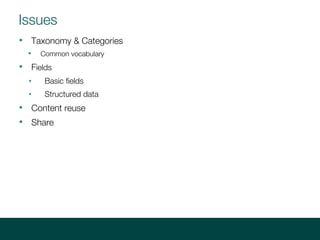 Issues
? Taxonomy & Categories
? Common vocabulary
? Fields
? Basic fields
? Structured data
? Content reuse
? Share
 