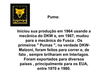 Puma:  Iniciou sua produção em 1964 usando a mecânica do DKW e, em 1967, mudou para a mecânica do Fusca . Os primeiros " Pumas ", na verdade DKW-Malzoni, foram feitos para correr e, de fato , sempre brilharam em Interlagos. Foram exportados para diversos países , principalmente para os EUA, entre 1970 e 1980. 