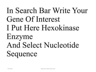 In Search Bar Write Your
Gene Of Interest
I Put Here Hexokinase
Enzyme
And Select Nucleotide
Sequence
04.09.08 Sequence Searching Tools
 