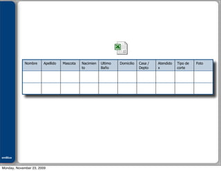 Julián M. Drault




                    Nombre   Apellido   Mascota   Nacimien   Ultimo   Domicilio   Casa /   Atendido   Tipo de   Foto
                                                  to         Baño                 Depto    x          corte




emBlue
ePEXO


Monday, November 23, 2009
 
