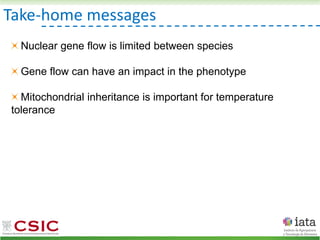 Take-home messages
Nuclear gene flow is limited between species
Gene flow can have an impact in the phenotype
Mitochondrial inheritance is important for temperature
tolerance
 