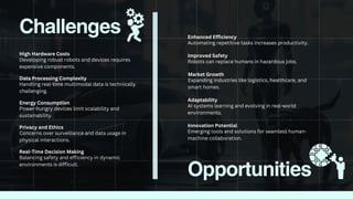 Challenges
High Hardware Costs
Developing robust robots and devices requires
expensive components.
Opportunities
Data Processing Complexity
Handling real-time multimodal data is technically
challenging.
Energy Consumption
Power-hungry devices limit scalability and
sustainability.
Privacy and Ethics
Concerns over surveillance and data usage in
physical interactions.
Real-Time Decision Making
Balancing safety and efficiency in dynamic
environments is difficult.
Enhanced Efficiency
Automating repetitive tasks increases productivity.
Improved Safety
Robots can replace humans in hazardous jobs.
Market Growth
Expanding industries like logistics, healthcare, and
smart homes.
Adaptability
AI systems learning and evolving in real-world
environments.
Innovation Potential
Emerging tools and solutions for seamless human-
machine collaboration.
 