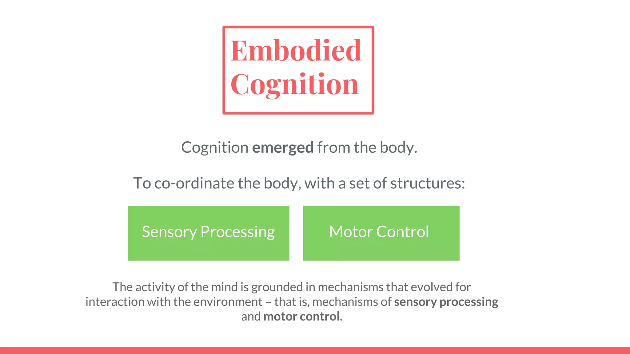 Embodied
Cognition
Cognition emerged from the body.
To co-ordinate the body, with a set of structures:
Motor ControlSensory Processing
The activity of the mind is grounded in mechanisms that evolved for
interaction with the environment – that is, mechanisms of sensory processing
and motor control.
 