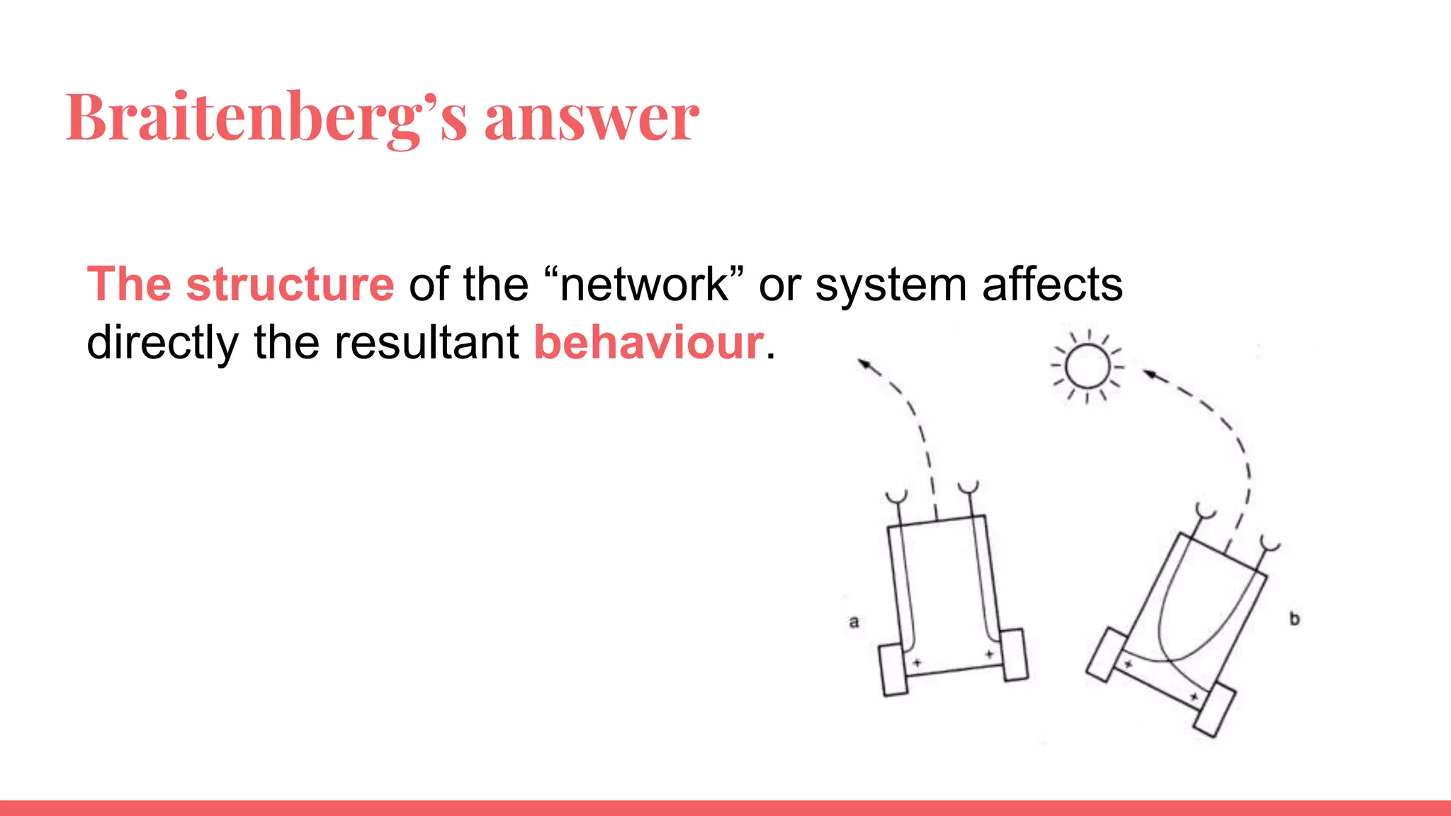 Braitenberg’s answer
The structure of the “network” or system affects
directly the resultant behaviour.
 