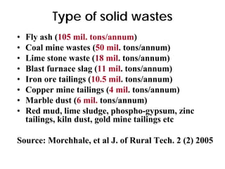 Type of solid wastes
• Fly ash (105 mil. tons/annum)
• Coal mine wastes (50 mil. tons/annum)
• Lime stone waste (18 mil. tons/annum)
• Blast furnace slag (11 mil. tons/annum)
• Iron ore tailings (10.5 mil. tons/annum)
• Copper mine tailings (4 mil. tons/annum)
• Marble dust (6 mil. tons/annum)
• Red mud, lime sludge, phospho-gypsum, zinc
tailings, kiln dust, gold mine tailings etc
Source: Morchhale, et al J. of Rural Tech. 2 (2) 2005
 