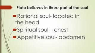 Plato believes in three part of the soul
Rational soul- located in
the head
Spiritual soul – chest
Appetitive soul- abdomen
 