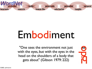 WordNet personiﬁed            bodily              perceivable            personiﬁed            corporal
incarnate          concrete            human-like            substantial            tangible




                    Embodiment
                     "One sees the environment not just
                    with the eyes, but with the eyes in the                                o


                                                                                     d
                                                                                           i
                    head on the shoulders of a body that                                       b
                       gets about" (Gibson 1979: 222)
©2005 -johnmartin
 