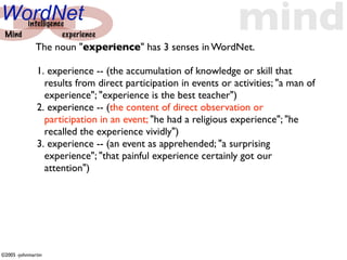 WordNet
 Mind
      intelligence
                 experience
              The noun "experience" has 3 senses in WordNet.
                                                                mind
              1. experience -- (the accumulation of knowledge or skill that
                results from direct participation in events or activities; "a man of
                experience"; "experience is the best teacher")
              2. experience -- (the content of direct observation or
                participation in an event; "he had a religious experience"; "he
                recalled the experience vividly")
              3. experience -- (an event as apprehended; "a surprising
                experience"; "that painful experience certainly got our
                attention")




©2005 -johnmartin
 