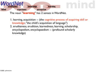 WordNet
 Mind
      intelligence
                 experience
                            knowledge
                                      perception
                                                 learning


              The noun "learning" has 2 senses in WordNet.
                                                                 mind
              1. learning, acquisition -- (the cognitive process of acquiring skill or
                knowledge; "the child's acquisition of language")
              2. eruditeness, erudition, learnedness, learning, scholarship,
                encyclopedism, encyclopaedism -- (profound scholarly
                knowledge)




©2005 -johnmartin
 