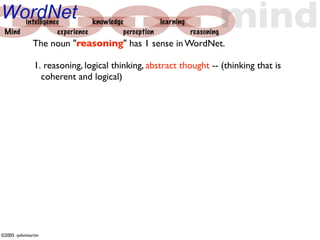 WordNet
 Mind
      intelligence
                 experience
                            knowledge
                                      perception
                                                 learning


              The noun "reasoning" has 1 sense in WordNet.
                                                          reasoning
                                                                      mind
              1. reasoning, logical thinking, abstract thought -- (thinking that is
                coherent and logical)




©2005 -johnmartin
 