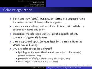 Amodal versus perceptual symbols
Categorization
Cognitive Semantics
(some) Empirical Evidence
Color categorization
Berlin and Kay (1969): basic color terms in a language name
the universal set of basic color categories
there exists a smallest ﬁnal set of simple words with which the
speaker can name any color
properties: monolexemic, general, psychologically salient,
common and generally known
theory supported appr. 20 years later by the results from the
World Color Survey
why are color categories universal?
fyziology of the eye - the shape of perceptual color space(s)
(Jameson a D’Andrade, 1997)
properties of daylight (Yendrikhovskij, 2001; Shepard, 1992)
social negotiation (Steels & Belpaeme, 2005)
Kristína Rebrová Cognitive science paradigms: Embodiment 2
 