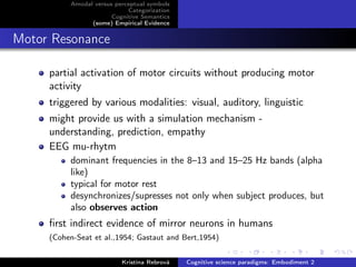 Amodal versus perceptual symbols
Categorization
Cognitive Semantics
(some) Empirical Evidence
Motor Resonance
partial activation of motor circuits without producing motor
activity
triggered by various modalities: visual, auditory, linguistic
might provide us with a simulation mechanism -
understanding, prediction, empathy
EEG mu-rhytm
dominant frequencies in the 8–13 and 15–25 Hz bands (alpha
like)
typical for motor rest
desynchronizes/supresses not only when subject produces, but
also observes action
ﬁrst indirect evidence of mirror neurons in humans
(Cohen-Seat et al.,1954; Gastaut and Bert,1954)
Kristína Rebrová Cognitive science paradigms: Embodiment 2
 