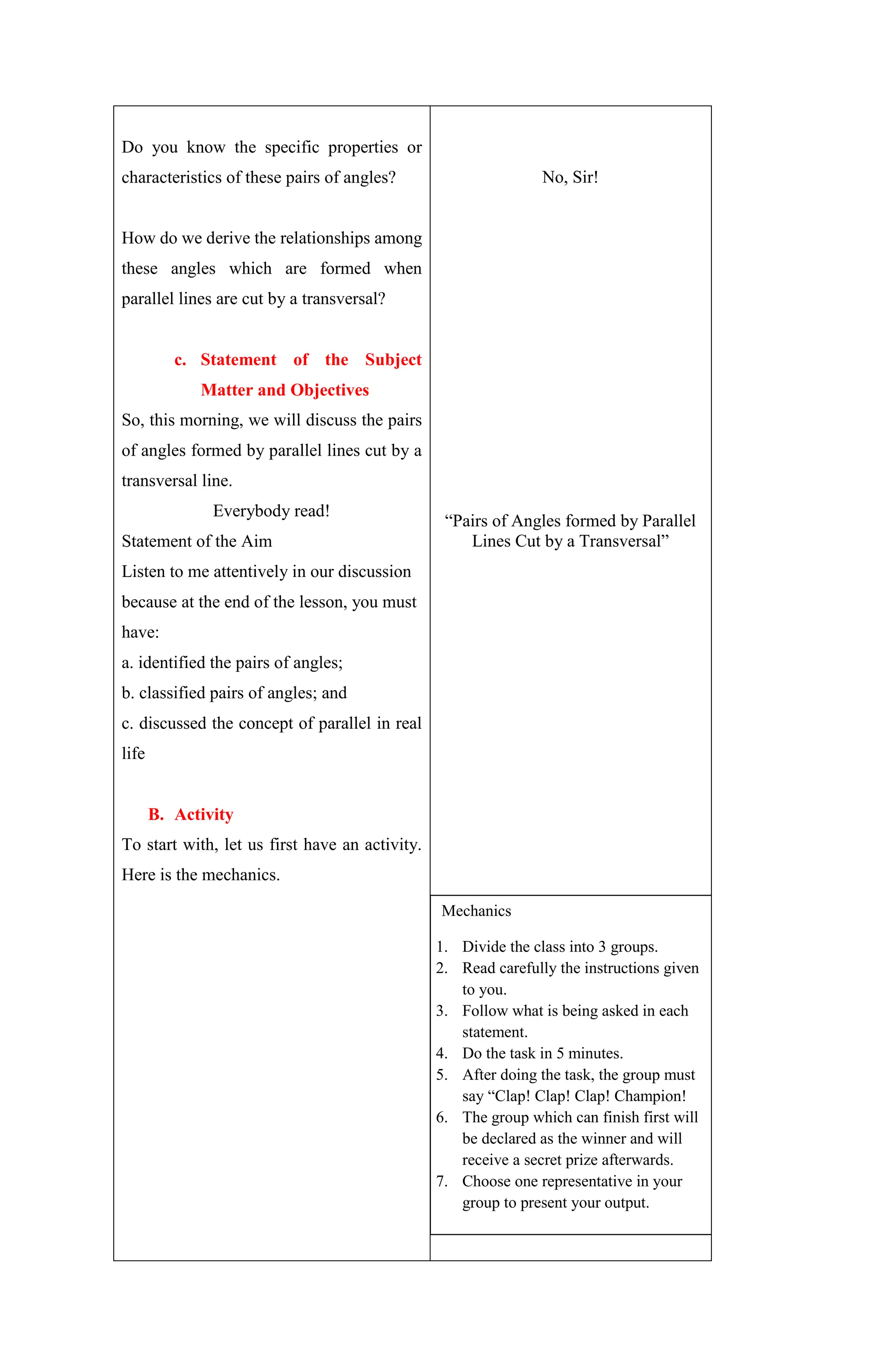 Grade-7 5As Lesson Plan on Pairs of Angles formed by Parallel Lines Cut ...
