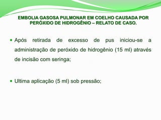  Após retirada de excesso de pus iniciou-se a
administração de peróxido de hidrogênio (15 ml) através
de incisão com seringa;
 Ultima aplicação (5 ml) sob pressão;
EMBOLIA GASOSA PULMONAR EM COELHO CAUSADA POR
PERÓXIDO DE HIDROGÊNIO – RELATO DE CASO.
 