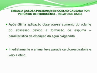  Após última aplicação observou-se aumento do volume
do abscesso devido a formação de espuma –
característica da oxidação da água oxigenada.
 Imediatamente o animal teve parada cardiorrespiratória e
veio a óbito.
EMBOLIA GASOSA PULMONAR EM COELHO CAUSADA POR
PERÓXIDO DE HIDROGÊNIO – RELATO DE CASO.
 