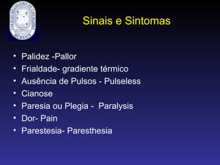 Sinais e Sintomas
• Palidez -Pallor
• Frialdade- gradiente térmico
• Ausência de Pulsos - Pulseless
• Cianose
• Paresia ou Plegia - Paralysis
• Dor- Pain
• Parestesia- Paresthesia
 