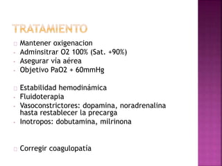 Mantener oxigenacion
- Adminsitrar O2 100% (Sat. +90%)
- Asegurar vía aérea
- Objetivo PaO2 + 60mmHg
Estabilidad hemodinámica
- Fluidoterapia
- Vasoconstrictores: dopamina, noradrenalina
hasta restablecer la precarga
- Inotropos: dobutamina, milrinona
Corregir coagulopatía
 