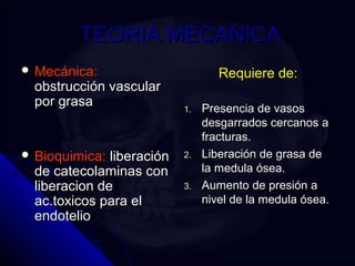 TTEEOORRIIAA MMEECCAANNIICCAA 
 MMeeccáánniiccaa:: 
oobbssttrruucccciióónn vvaassccuullaarr 
ppoorr ggrraassaa 
 BBiiooqquuiimmiiccaa:: lliibbeerraacciióónn 
ddee ccaatteeccoollaammiinnaass ccoonn 
lliibbeerraacciioonn ddee 
aacc..ttooxxiiccooss ppaarraa eell 
eennddootteelliioo 
RReeqquuiieerree ddee:: 
11.. PPrreesseenncciiaa ddee vvaassooss 
ddeessggaarrrraaddooss cceerrccaannooss aa 
ffrraaccttuurraass.. 
22.. LLiibbeerraacciióónn ddee ggrraassaa ddee 
llaa mmeedduullaa óósseeaa.. 
33.. AAuummeennttoo ddee pprreessiióónn aa 
nniivveell ddee llaa mmeedduullaa óósseeaa.. 
 
