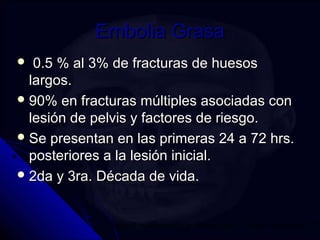 EEmmbboolliiaa GGrraassaa 
clinical investigation in critical care "High resolutions CT  00.55 %% aall 33%% ddee ffrraaccttuurraass ddee hhuueessooss 
llaarrggooss. 
9900%% eenn ffrraaccttuurraass mmúúllttiipplleess aassoocciiaaddaass ccoonn 
lleessiióónn ddee ppeellvviiss yy ffaaccttoorreess ddee rriieessggoo. 
SSee pprreesseennttaann eenn llaass pprriimmeerraass 2244 aa 7722 hhrrss. 
ppoosstteerriioorreess aa llaa lleessiióónn iinniicciiaall. 
22ddaa yy 33rraa. DDééccaaddaa ddee vviiddaa. 
 