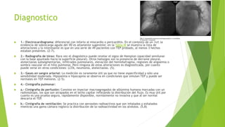 Diagnostico 
 1.- Electrocardiograma: diferencial con infarto al miocardio o pericarditis. En el contexto de un TEP, la 
evidencia de sobrecarga aguda del VD es altamente sugerente; en la Tabla III se muestra la lista de 
alteraciones y lo interesante es que en una serie de 49 pacientes con TEP probado, al menos 3 hechos 
estaban presentes. (2-7). 
 2.- Radiografía de tórax: Rara vez el diagnóstico puede revelar el signo de Hampton (opacidad semilunar 
con la base apuntado hacia la superficie pleural). Otros hallazgos son la presencia de derrame pleural, 
atelectasias subsegmentarias, infiltrados pulmonares, elevación del hemidiafragma, regiones de aligoemia o 
sombra vascular en el hilio pulmonar. Pero ninguna de estas alteraciones es diagnosticada, por cuanto 
puede verse en otras condiciones: LCFA, neumonía, atelectasias. (5). 
 3.- Gases en sangre arterial: La medición es raramente útil ya que no tiene especificidad y sólo una 
sensibilidad moderada. Hipoxemia e hipocapnia se observa en condiciones que simulan TEP y puede ser 
normales en TEP menores. (2-5). 
 4.- Cintigrafía pulmonar: 
 a.- Cintigrafía de perfusión: Consiste en inyectar macroagregados de albúmina humana marcadas con un 
radioisótopo, los que son atrapados en el lecho capilar reflejando la distribución del flujo. Es muy útil por 
cuanto es una prueba segura, rápidamente disponible, normalmente no invasiva y que al ser normal 
descarta el TEP. 
 b.- Cintigrafía de ventilación: Se practica con aerosoles radioactivos que son inhalados y exhalados 
mientras una gama cámara registra la distribución de la radioactividad en los alvéolos. (5,8) 
 