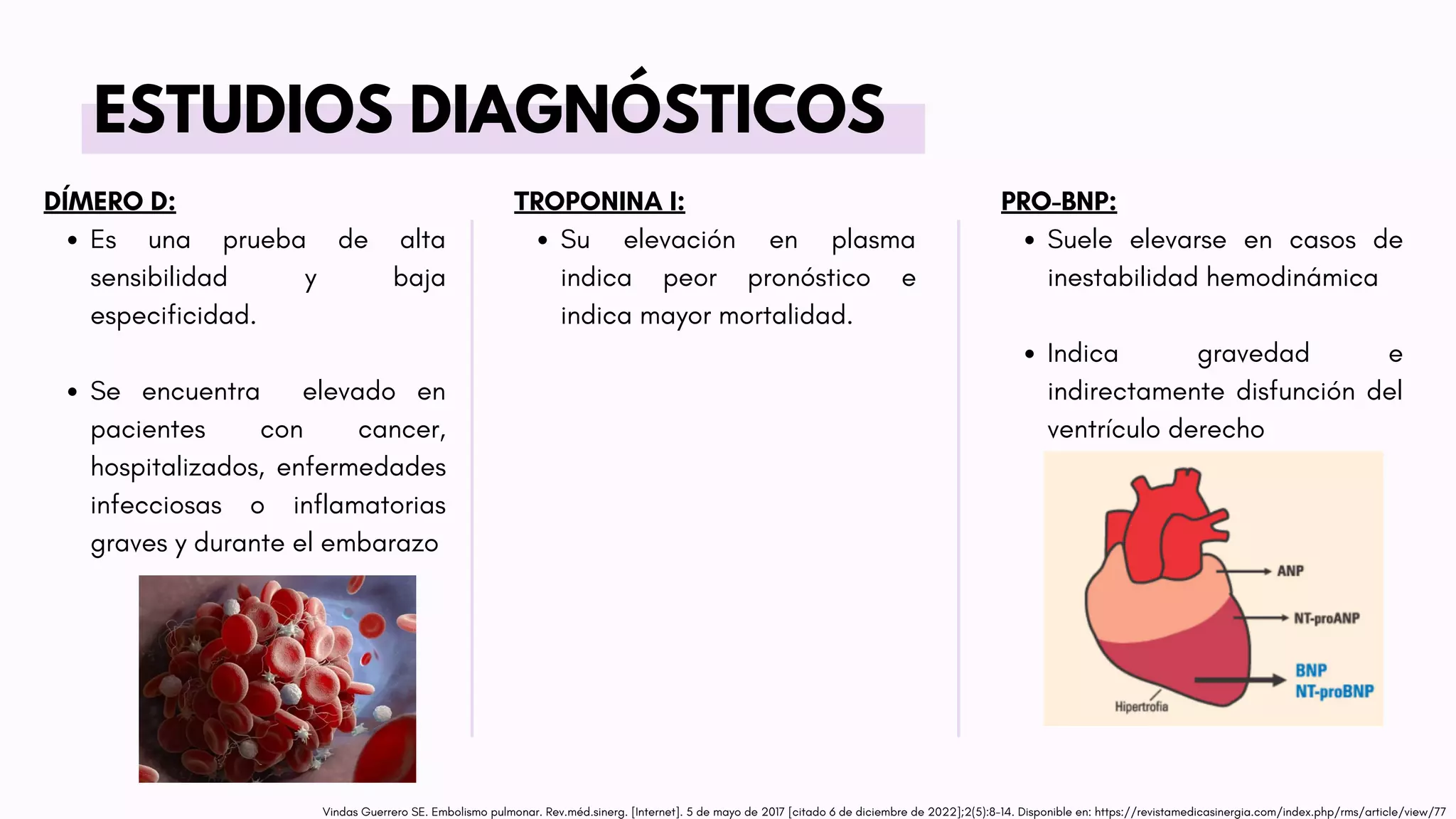 ESTUDIOS DIAGNÓSTICOS
Vindas Guerrero SE. Embolismo pulmonar. Rev.méd.sinerg. [Internet]. 5 de mayo de 2017 [citado 6 de diciembre de 2022];2(5):8-14. Disponible en: https://revistamedicasinergia.com/index.php/rms/article/view/77
Es una prueba de alta
sensibilidad y baja
especificidad.
Se encuentra elevado en
pacientes con cancer,
hospitalizados, enfermedades
infecciosas o inflamatorias
graves y durante el embarazo
DÍMERO D:
Su elevación en plasma
indica peor pronóstico e
indica mayor mortalidad.
TROPONINA I:
Suele elevarse en casos de
inestabilidad hemodinámica
Indica gravedad e
indirectamente disfunción del
ventrículo derecho
PRO-BNP:
 