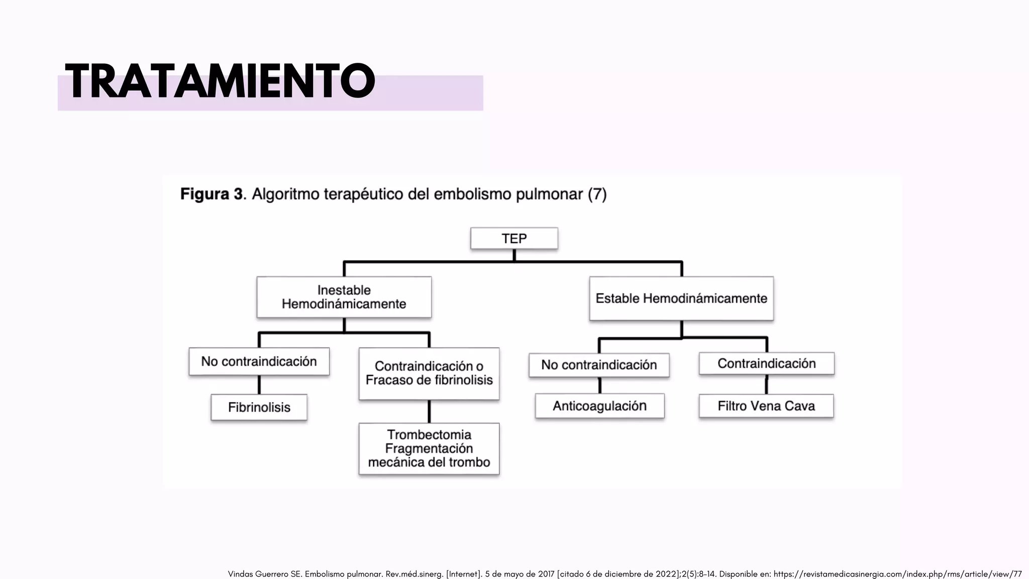 TRATAMIENTO
Vindas Guerrero SE. Embolismo pulmonar. Rev.méd.sinerg. [Internet]. 5 de mayo de 2017 [citado 6 de diciembre de 2022];2(5):8-14. Disponible en: https://revistamedicasinergia.com/index.php/rms/article/view/77
 