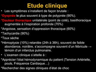 Etude clinique
• Les symptômes s’installent de façon brutale :
*Dyspnée le plus souvent à type de polypnée (90%).
*Douleur thoracique unilatérale (point de coté), basithoracique
augmentée à l’inspiration profonde (70%)
*Angoisse, sensation d’oppression thoracique (60%)
*Tachycardie (90%)
*Toux sèche
*Hémoptysie (10%) retardée (24h à 36h), souvent de faible
abondance, noirâtre, s’accompagne souvent d’un fébricule →
témoin d’un infarctus pulmonaire.
• L’examen clinique s’attelle à :
*Apprécier l’état hémodynamique du patient (Tension Artérielle,
pouls, Fréquence Cardiaque…)
*Rechercher des signes cliniques d’état de choc
 