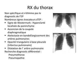 RX du thorax
Non spécifique et n’élimine pas le
diagnostic de l’EP
Nombreux signes évocateurs d’EP :
 Signe de Westermark : Hyperclarté
localisée du parenchyme
 Ascencion de la coupole
diaphragmatique
 Atelectasie en bandeElargissement des
artères pulmonaires
 Opacité triangulaire à base pleurale
(Infarctus pulmonaire)
 Dilatation de l’ artère pulmonaire
Recherche diagnostic différentiel :
Pneumothorax
Pneumopathie
 