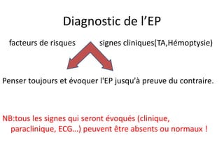 Diagnostic de l’EP
facteurs de risques signes cliniques(TA,Hémoptysie)
Penser toujours et évoquer l'EP jusqu'à preuve du contraire.
NB:tous les signes qui seront évoqués (clinique,
paraclinique, ECG…) peuvent être absents ou normaux !
 
