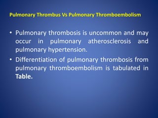Pulmonary Thrombus Vs Pulmonary Thromboembolism
• Pulmonary thrombosis is uncommon and may
occur in pulmonary atherosclerosis and
pulmonary hypertension.
• Differentiation of pulmonary thrombosis from
pulmonary thromboembolism is tabulated in
Table.
 