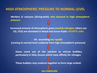 HIGH ATMOSPHERIC PRESSURE TO NORMAL LEVEL
Workers in caissons (diving-bells) who descend to high atmospheric
pressure
Increased amount of atmospheric gases (mainly nitrogen; others are
O2, CO2) are dissolved in blood and tissue fluids (HENRYS LAW)
On ascending too rapidly
(coming to normal level suddenly from high atmospheric pressure)
Gases come out of the solution as minute bubbles,
particularly in fatty tissues which have affinity for nitrogen
These bubbles may coalesce together to form large emboli.
GAS EMBOLISM
 