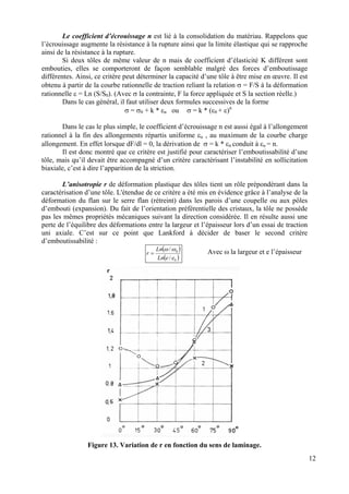 Le coefficient d’écrouissage n est lié à la consolidation du matériau. Rappelons que
l’écrouissage augmente la résistance à la rupture ainsi que la limite élastique qui se rapproche
ainsi de la résistance à la rupture.
Si deux tôles de même valeur de n mais de coefficient d’élasticité K différent sont
embouties, elles se comporteront de façon semblable malgré des forces d’emboutissage
différentes. Ainsi, ce critère peut déterminer la capacité d’une tôle à être mise en œuvre. Il est
obtenu à partir de la courbe rationnelle de traction reliant la relation σ = F/S à la déformation
rationnelle ε = Ln (S/S0). (Avec σ la contrainte, F la force appliquée et S la section réelle.)
Dans le cas général, il faut utiliser deux formules successives de la forme
σ = σ0 + k * εn ou σ = k * (ε0 + ε)n
Dans le cas le plus simple, le coefficient d’écrouissage n est aussi égal à l’allongement
rationnel à la fin des allongements répartis uniforme εu , au maximum de la courbe charge
allongement. En effet lorsque dF/dl = 0, la dérivation de σ = k * εn conduit à εu = n.
Il est donc montré que ce critère est justifié pour caractériser l’emboutissabilité d’une
tôle, mais qu’il devait être accompagné d’un critère caractérisant l’instabilité en sollicitation
biaxiale, c’est à dire l’apparition de la striction.
L’anisotropie r de déformation plastique des tôles tient un rôle prépondérant dans la
caractérisation d’une tôle. L'étendue de ce critère a été mis en évidence grâce à l’analyse de la
déformation du flan sur le serre flan (rétreint) dans les parois d’une coupelle ou aux pôles
d’embouti (expansion). Du fait de l’orientation préférentielle des cristaux, la tôle ne possède
pas les mêmes propriétés mécaniques suivant la direction considérée. Il en résulte aussi une
perte de l’équilibre des déformations entre la largeur et l’épaisseur lors d’un essai de traction
uni axiale. C’est sur ce point que Lankford à décider de baser le second critère
d’emboutissabilité :
( )
( )0
0
/
/
eeLn
Ln
r
ωω
= Avec ω la largeur et e l’épaisseur
Figure 13. Variation de r en fonction du sens de laminage.
12
 