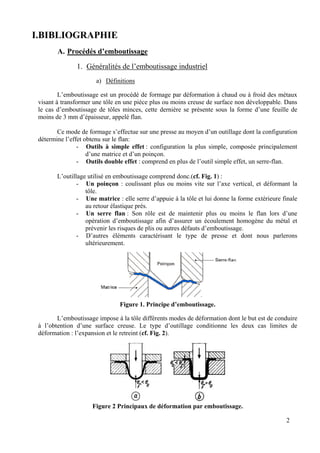 I.BIBLIOGRAPHIE
A. Procédés d’emboutissage
1. Généralités de l’emboutissage industriel
a) Définitions
L’emboutissage est un procédé de formage par déformation à chaud ou à froid des métaux
visant à transformer une tôle en une pièce plus ou moins creuse de surface non développable. Dans
le cas d’emboutissage de tôles minces, cette dernière se présente sous la forme d’une feuille de
moins de 3 mm d’épaisseur, appelé flan.
Ce mode de formage s’effectue sur une presse au moyen d’un outillage dont la configuration
détermine l’effet obtenu sur le flan:
- Outils à simple effet : configuration la plus simple, composée principalement
d’une matrice et d’un poinçon.
- Outils double effet : comprend en plus de l’outil simple effet, un serre-flan.
L’outillage utilisé en emboutissage comprend donc.(cf. Fig. 1) :
- Un poinçon : coulissant plus ou moins vite sur l’axe vertical, et déformant la
tôle.
- Une matrice : elle serre d’appuie à la tôle et lui donne la forme extérieure finale
au retour élastique prés.
- Un serre flan : Son rôle est de maintenir plus ou moins le flan lors d’une
opération d’emboutissage afin d’assurer un écoulement homogène du métal et
prévenir les risques de plis ou autres défauts d’emboutissage.
- D’autres éléments caractérisant le type de presse et dont nous parlerons
ultérieurement.
Figure 1. Principe d’emboutissage.
L’emboutissage impose à la tôle différents modes de déformation dont le but est de conduire
à l’obtention d’une surface creuse. Le type d’outillage conditionne les deux cas limites de
déformation : l’expansion et le retreint (cf. Fig. 2).
Figure 2 Principaux de déformation par emboutissage.
2
 