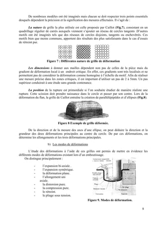 De nombreux modèles ont été imaginés mais chacun se doit respecter trois points essentiels
desquels dépendent la précision et la signification des mesures effectuées. Il s’agit de :
La nature de grille la plus utilisée est celle proposée par Caillot (Fig.7), consistant en un
quadrillage régulier de carrés auxquels viennent s’ajouter un réseau de cercles tangents .D’autres
motifs ont été imaginés tels que des réseaux de cercles disjoints, tangents ou enchevêtrés. Ces
motifs bien que moins communs, apportent des résultats des plus satisfaisants dans le cas d’essais
de rétreint pur.
Figure 7 : Différentes nature de grille de déformation
Les dimensions à donner aux mailles dépendent non pas de celles de la pièce mais du
gradient de déformation local à un endroit critique. En effet, ces gradients sont très localisés et ne
permettent pas de considérer la déformation comme homogène à l’échelle du motif. Afin de réaliser
une mesure précise dans les zones critiques, il est important d’utiliser un pas de 2 à 5mm. Un pas
supérieur conduirait à une étude sans grande contenance.
La position de la rupture est primordiale si l’on souhaite étudier de manière réaliste une
rupture. Cette scission doit prendre naissance dans le cercle et passer par son centre. Lors de la
déformation du flan, la grille de Caillot entraîne la création de parallélépipèdes et d’ellipses (Fig.8).
Figure 8 Exemple de grille déformée.
De la direction et de la mesure des axes d’une ellipse, on peut déduire la direction et la
grandeur des deux déformations principales au centre du cercle. De par ces déformations, on
détermine les allongements et les trois déformations principales.
b) Les modes de déformations
L’étude des déformations à l’aide de ces grilles ont permis de mettre en évidence les
différents modes de déformations existant lors d’un emboutissage.
On distingue principalement :
- l’expansion bi-axiale .
- l’expansion symétrique.
- la déformation plane.
- l’allongement uni
axiale.
- la distorsion pure.
- la compression pure.
- le rétreint.
- le pliage sous tension.
Figure 9. Modes de déformation.
8
 