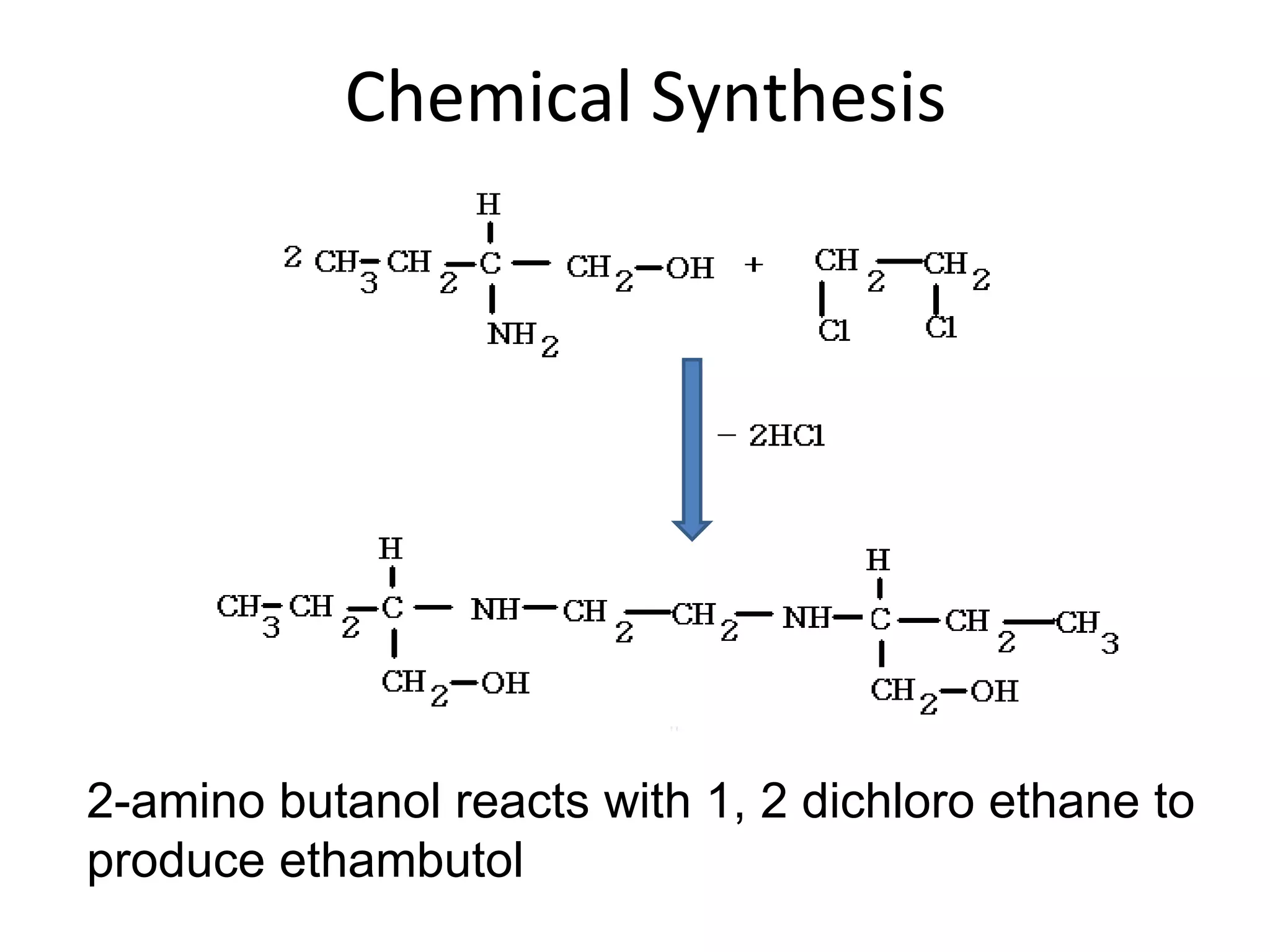 Chemical Synthesis




2-amino butanol reacts with 1, 2 dichloro ethane to
produce ethambutol
 