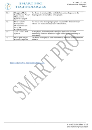 #2/494, 2ND Floor,
             SMART PRO                                                             AL Ghouse Plaza, Nagarajupet,
           TECHNOLOGIES                                                                                 Kadapa



IR12      Shopping Malls       The design of security and the method of consuming the power in the
          Security and Power   shopping malls are carried out in this project.
          Management
          System using IR
IR13      Data Transfer        The project aims at designing a system which enables the data transfer
          between two          between two microcontrollers in a wireless fashion.
          Microcontrollers
          using IR
          Communication
IR14      Anti-Theft Alarm     In this project, an alarm system is designed and will be activated
          System               immediately whenever the sensors trigger to indicate that something is
                               going wrong.
IR15      Intelligent Object   The project is designed to count the number of objects in a certain area and
          Counting System      display it.




       PROJECTS USING MICROCONTROLLER:




                                                                                   Ph: 08562 222 333, 98856 52333
                                                                                    Email: mail2smartpro@gmail.com
 