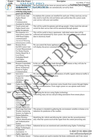 Project    Title of the Project                                      Description
                                                                                               #2/494, 2ND Floor,
  Code
ZB01
             SMART PRO
           Modern Restaurants       On touch panel all the items are present and we canAL Ghouse Plaza,by touch
                                                                                       order them just Nagarajupet,
           TECHNOLOGIES are automatically served by them
           atomization for
                 and confirm, the items
                                                                                                            Kadapa
           wireless menu dish
           ordering using touch
           panel and ZIGBEE.
ZB02       Touch Screen And         In airplanes this systems are installed for each user. If they need any service
           Zigbee Based             they need to touch the relevant button and confirm then this system sends
           Wireless                 your service with your seat number.
           Communication
           Assistant In Airlines
ZB03       Touch screen and         This will be useful for patients and old age people .if they touch the relevant
           Zigbee based voice       switch for their service that will be announced through speaker
           guider for patients
ZB04       Development of a         This will be useful in heavy apartments .individual meters data will be
           smart power meter for    collected and maintained by main system .this main system sends collated
           AMI based Zigbee         data to electricity board
           communication
           Advanced Metering
           Infrastructure (AMI)
ZB05       Remote Power             We can control the home appliances through Zigbee remote and this system
           On/Off Control And       will display the power consumed by the loads
           Current Measurement
           For Home Electric
           Outlets Based On A
           Low-Power
           Embedded Board
           And Zigbee
           Communication
ZB06       Remote-Controllable      In this we can control the loads through Zigbee remote or they will also be
           and Energy-Saving        controlled automatically to save the power
           Room Architecture
           Based on Zigbee
           Communication
ZB07       Innovative               We can change the sequence and duration of traffic signals whenever traffic is
           Congestion Control       more using Zigbee communication
           System for
           Ambulance Using
           ZIGBEE
ZB08       Zigbee based wireless    We can send the data to electronic notice boards from system through Zigbee
           Electronic Notice        wireless communication. From single system we can operate multi notice
           Board with Multi         boards
           Point Receiver
ZB09       Zigbee Device            Controlling the devices using Zigbee technology
           Access control           Controlling many devices and providing automation from remote places
           system with Reliable
           data transmission
           Industrial Process
           control and
           Automation system
           through zigbee n/w
ZB10       Multi stage Real time    This project is intended in gathering the environment variables in homes or in
           Weather monitoring       industries for prediction of the weather.
           System via Zigbee in
           Homes/Industries
ZB11       Zigbee Wireless          Identifying the vehicle and allowing the vehicle into the secured premises
           Vehicle Identification   only when the system received the signal from the central processing unit.
           and Authentication
           System
ZB12       Applications of Short    Industrial devices are monitored and controlled using Zigbee Technology
           Range Technologies
           to Industrial
           Automation: A                                                                 Ph: 08562 222 333, 98856 52333
           Zigbee Approach                                                                Email: mail2smartpro@gmail.com
ZB13       The Wireless Sensor      Various sensors are used to monitor the home continuously and if any sensor
 