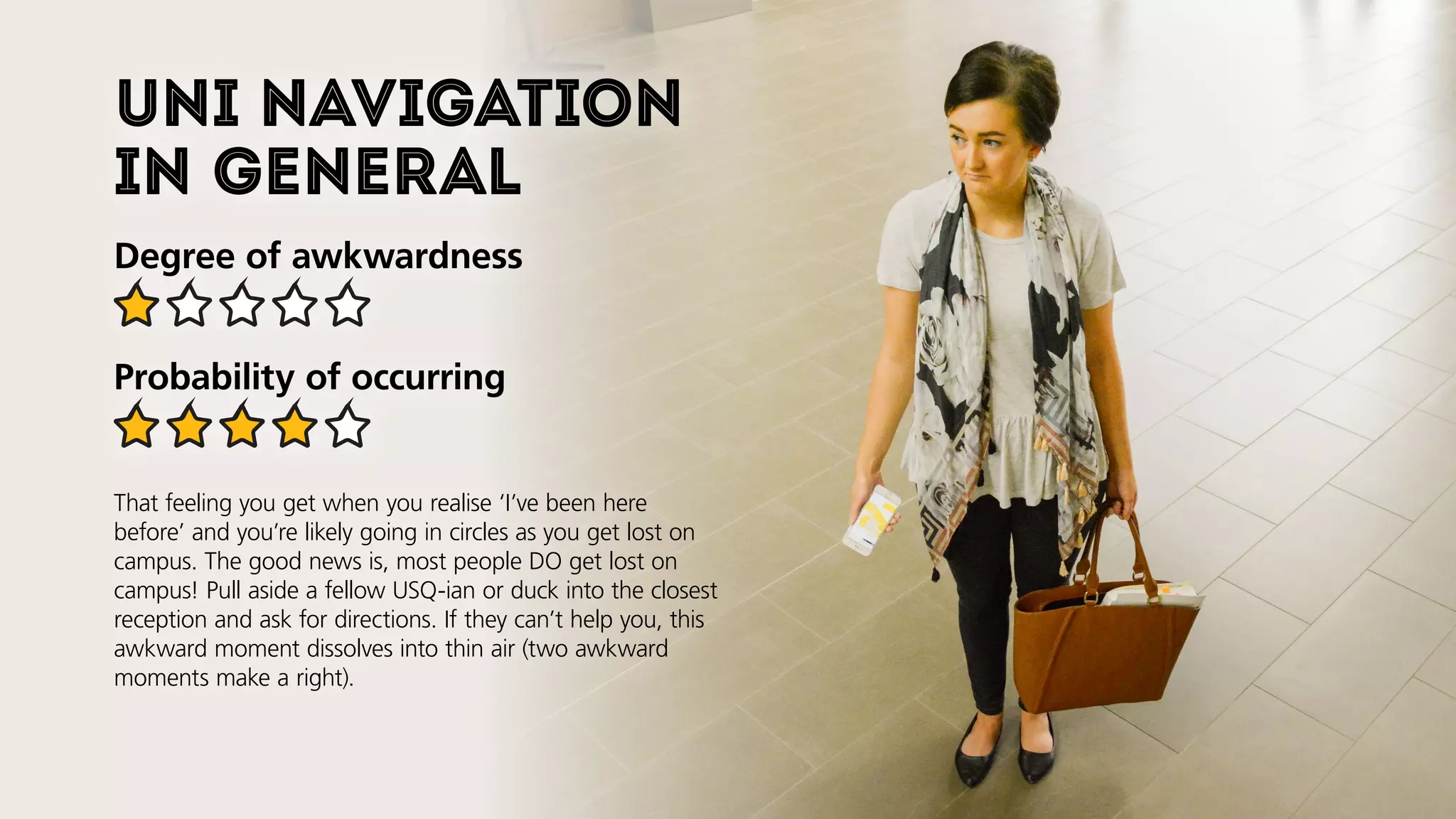Uni navigation
in general
Degree of awkwardness
Probability of occurring
That feeling you get when you realise ‘I’ve been here
before’ and you’re likely going in circles as you get lost on
campus. The good news is, most people DO get lost on
campus! Pull aside a fellow USQ-ian or duck into the closest
reception and ask for directions. If they can’t help you, this
awkward moment dissolves into thin air (two awkward
moments make a right).
 